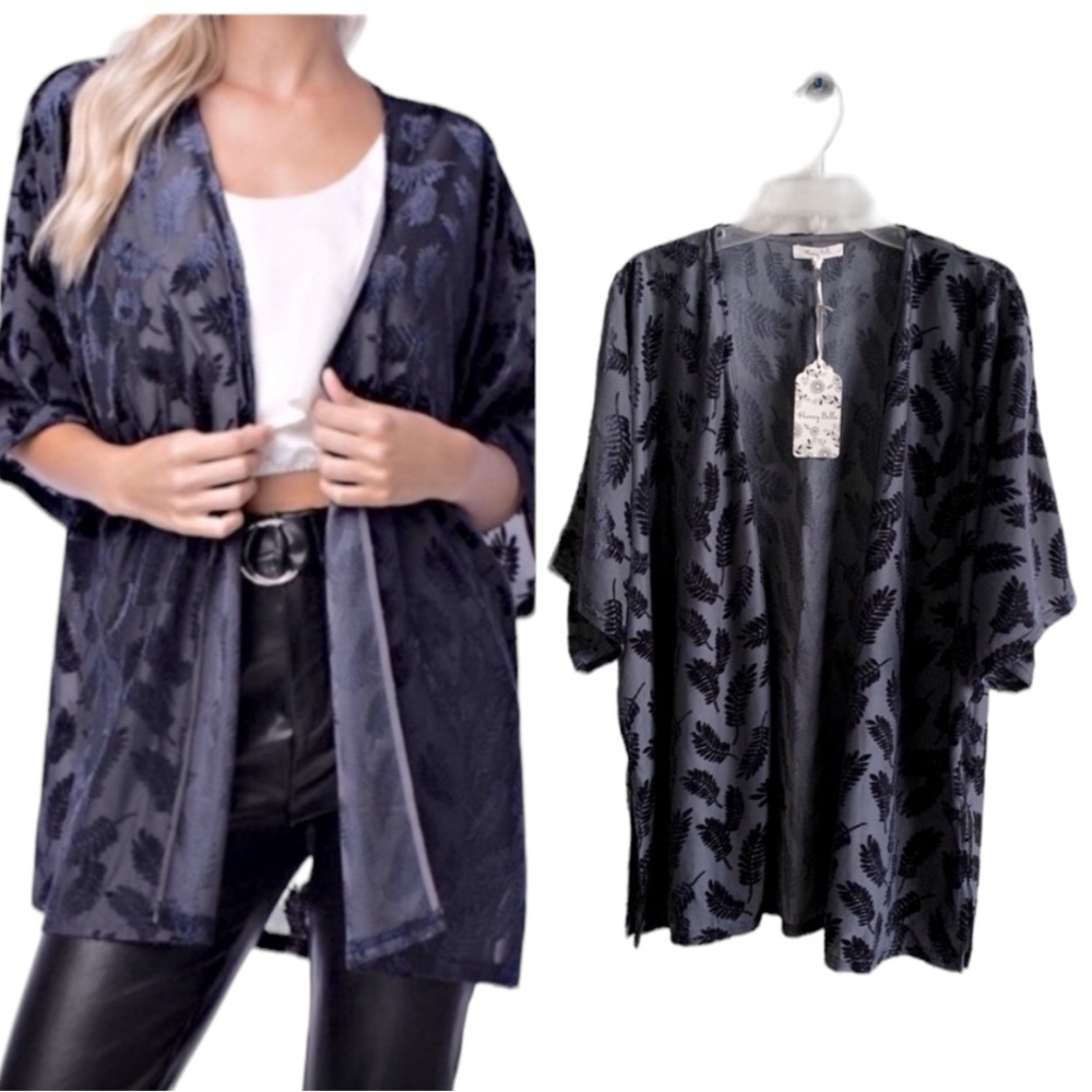 NWT Honey Belle Velvet Leaf Kimono Cardigan Navy M